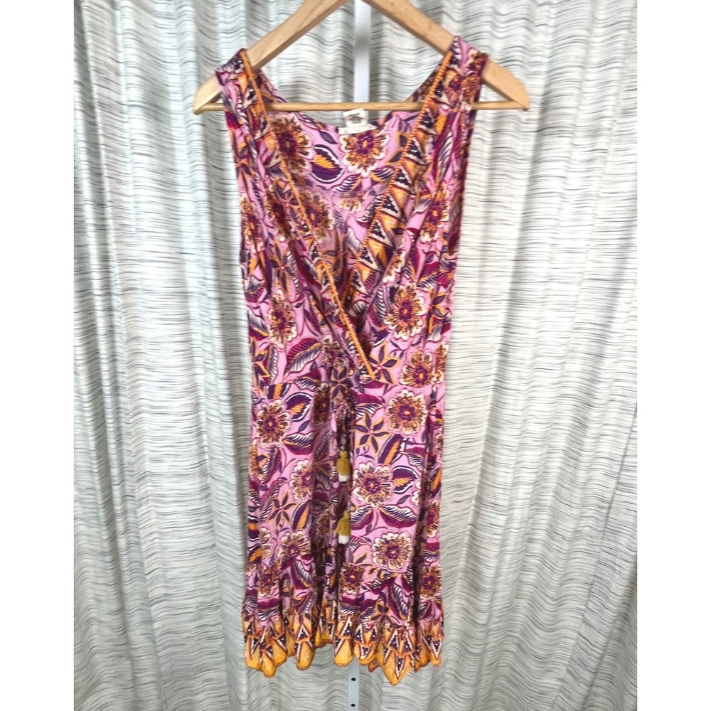 Sky and Sand Pink Floral Tassel Drawstring V-Neck‎ Ruffle Mini Dress Medium